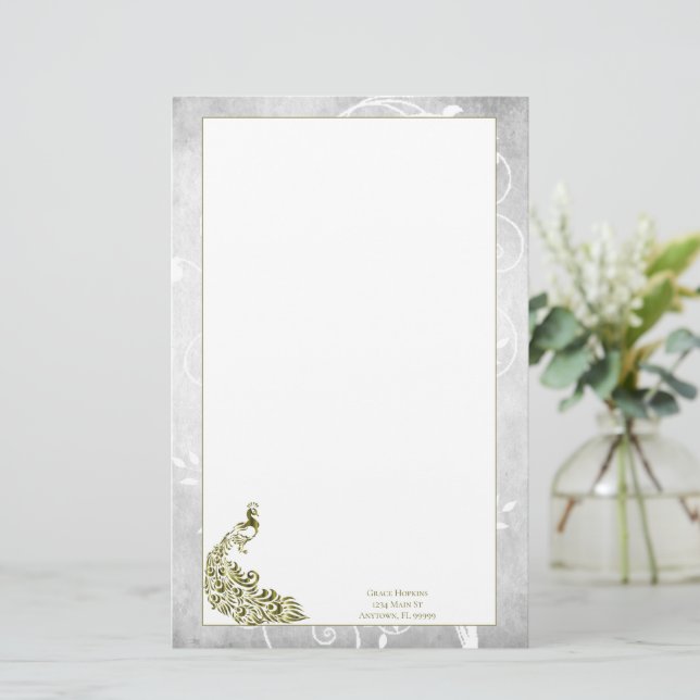 Papelaria Dourada Carta Peacock (Em pé/Frente)