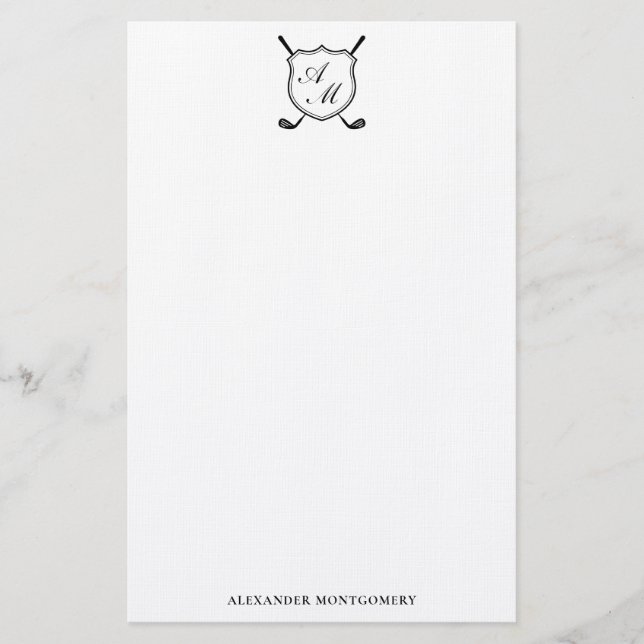 Papelaria Elegant Black Golf Monogram Crest Stationery (Frente)