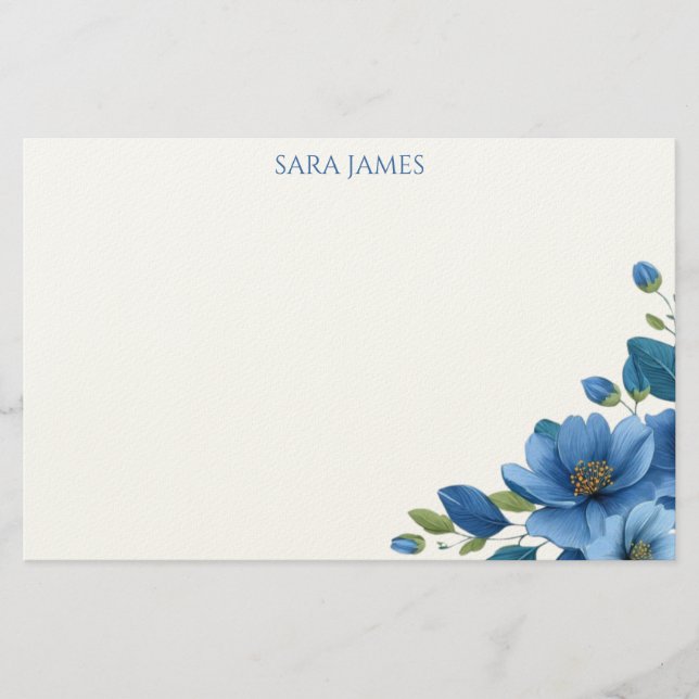 Papelaria Elegant Blue Floral Personal Stationery Note Card (Frente)