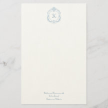 Elegant Blue Monogram Crest Stationery Paper