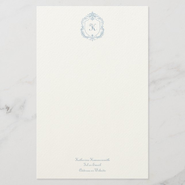 Papelaria Elegant Blue Monogram Crest Stationery Paper (Frente)