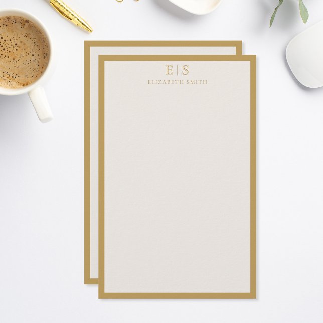 Papelaria Elegant Ivory Gold Border Monogram (Criador carregado)