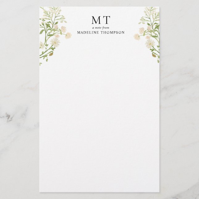 Papelaria Elegant White Floral Wildflower Classic Monogram (Frente)