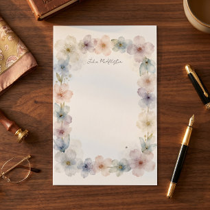 Papelaria Elegante Borda Floral em Aquarela Pastel Nome