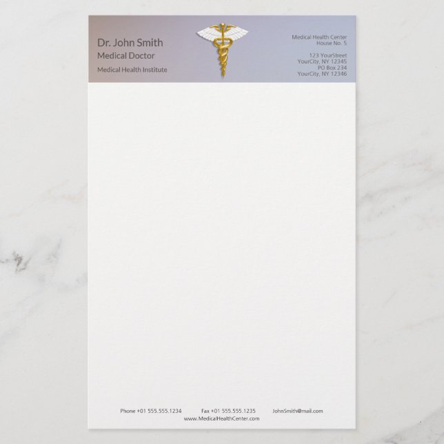 Papelaria Elegante Caduceu Médico Dourado com Asas Brancas (Frente)
