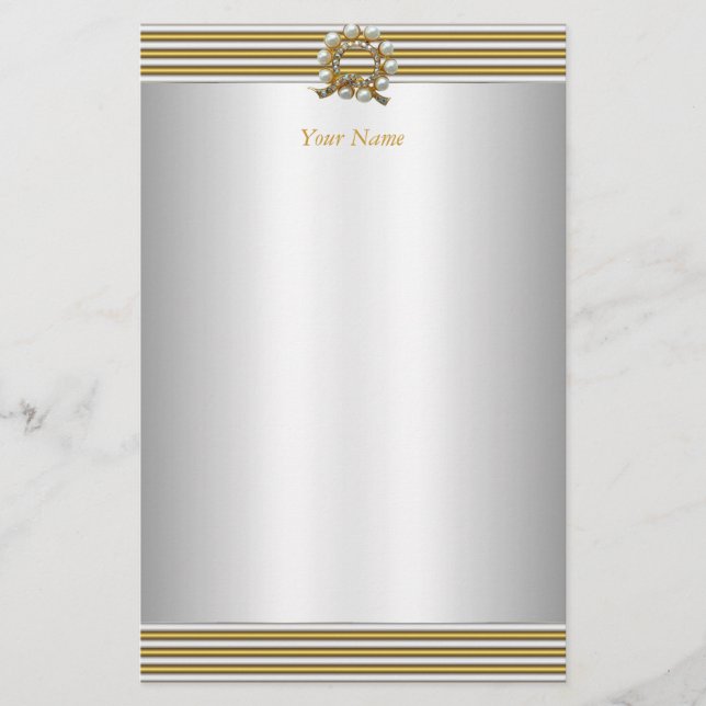Papelaria Elegante Pérola Branca Prata Dourada (Frente)
