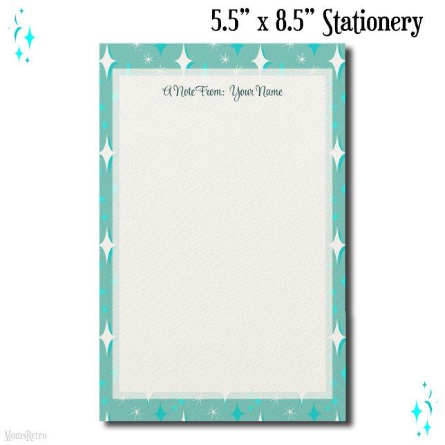 Papelaria Estrelas Retro Editáveis em Azul Turquesa 14 cm x  (Retro teal and white stars editable stationery)