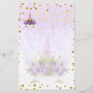 Papelaria Fantasia Roxa e Estrelas Ouros Unicórnio