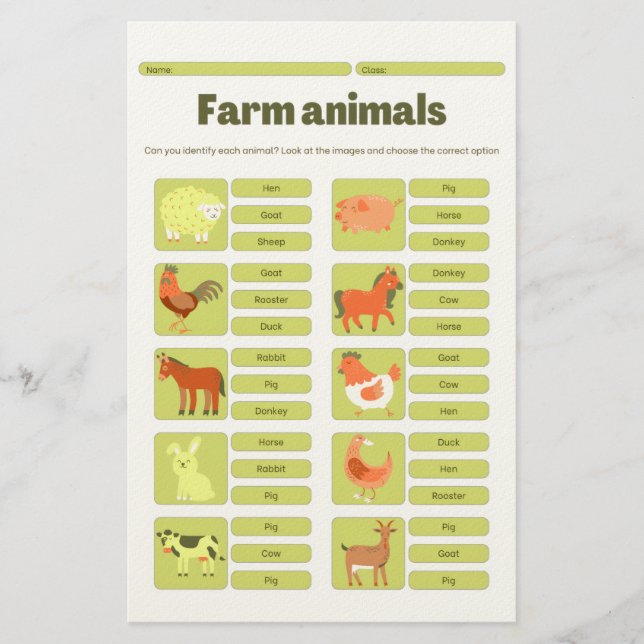 Papelaria Farm Animals Identification Educational Worksheet (Frente)