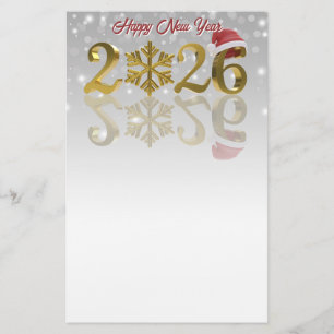 Papelaria Feliz Ano Novo Dourado 2026 Chapéu de Papai Noel
