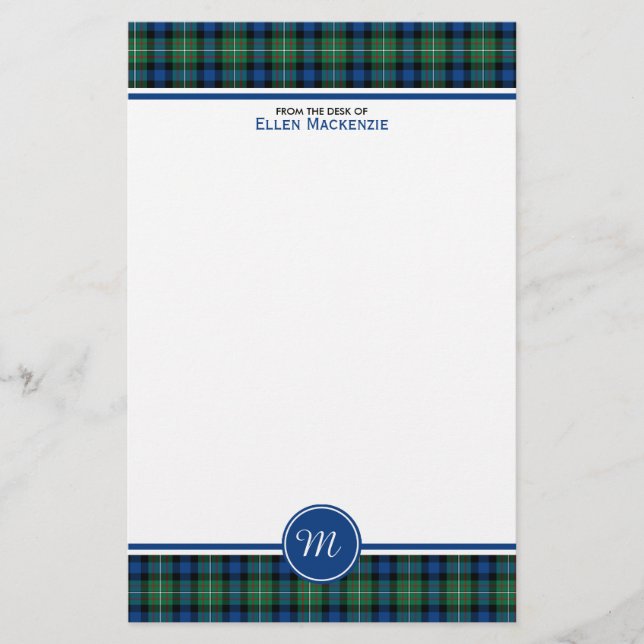 Papelaria Ferguson Clan Tartan Blue e Green Monograma (Frente)
