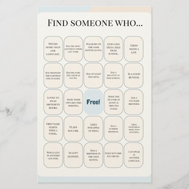 Papelaria Find Someone Who Classroom Bingo Activity (Frente)