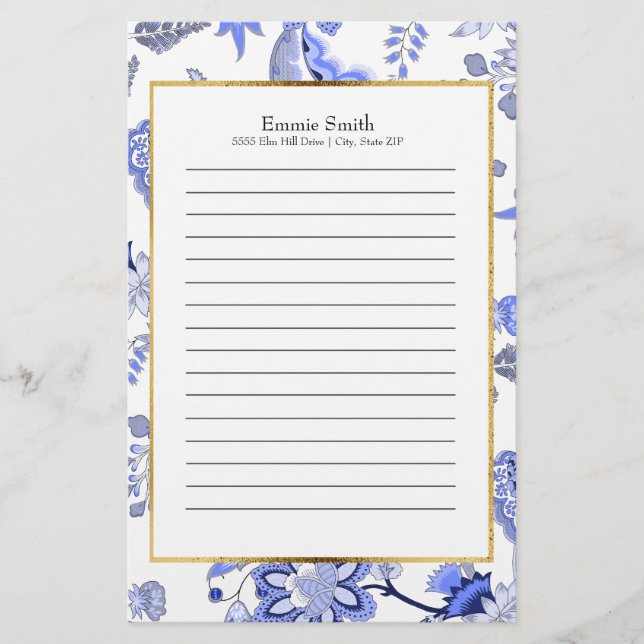 Papelaria Floral Azul Elegante Personalizado (Frente)