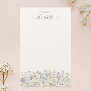 Papelaria Flores Azuis Elegantes Monograma Floral Aquarela