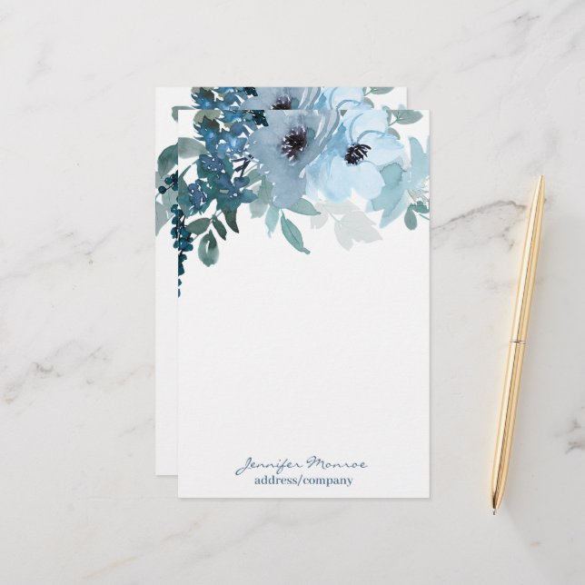 Papelaria Flores de aquarela azul personalizadas (Frente/Verso In Situ)