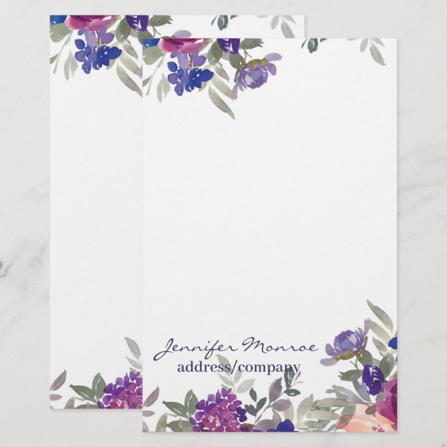 Papelaria Flores de aquarela rosa e roxa personalizadas (Frente/Verso)