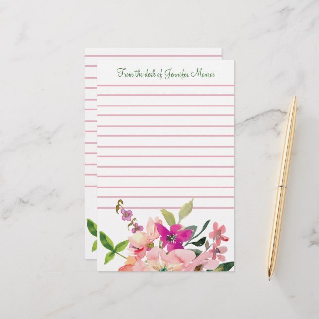 Papelaria Flores de aquarela rosa personalizadas com linhas (Frente/Verso In Situ)