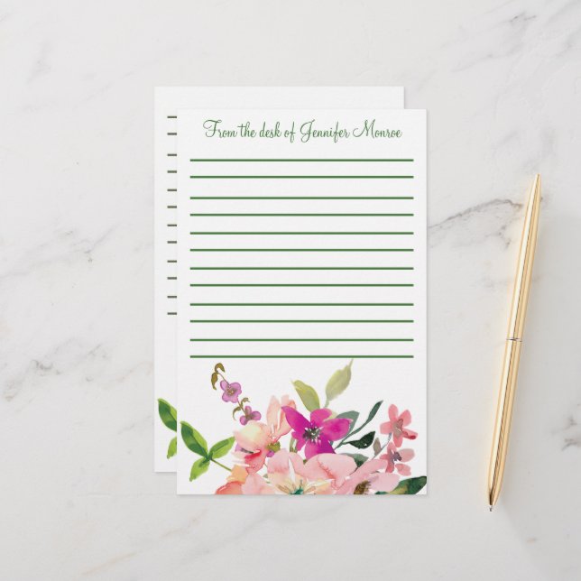 Papelaria Flores de aquarela rosa personalizadas com linhas (Frente/Verso In Situ)