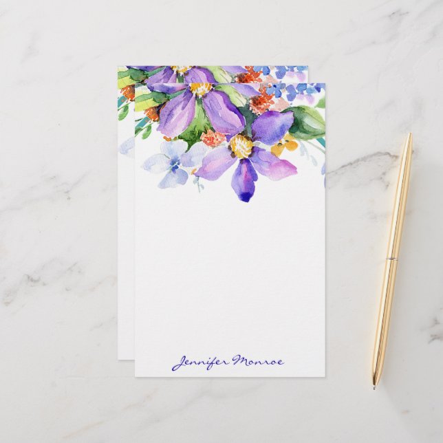 Papelaria Flores de aquarela roxa personalizadas (Frente/Verso In Situ)