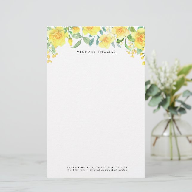 Papelaria Flores de Verão Amarelo de Aquarela Personalizadas (Em pé/Frente)