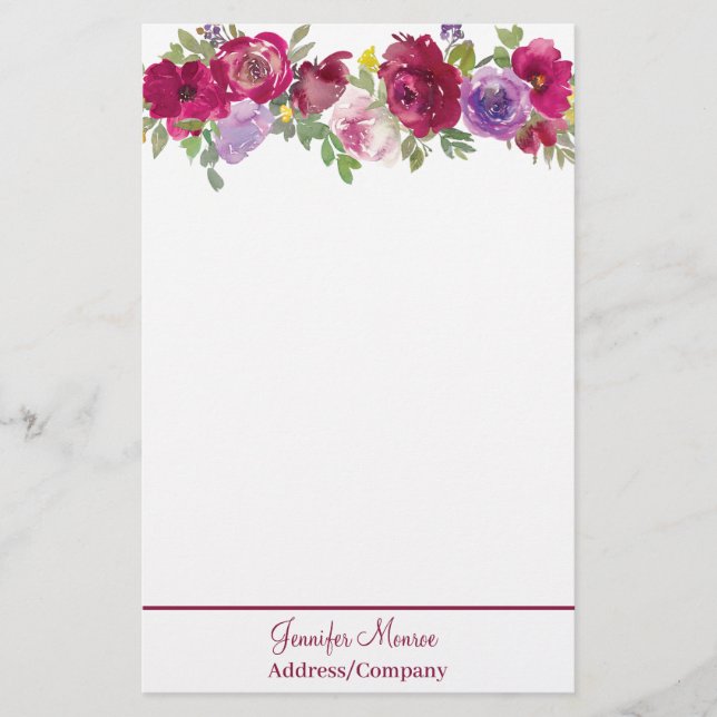 Papelaria Flores personalizadas de aquarela vermelhas e roxa (Frente)