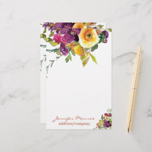Papelaria Flores personalizadas em aquarela laranja e roxo