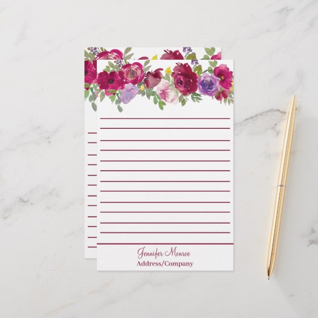 Papelaria Flores personalizadas em aquarela vermelhas e roxa (Frente/Verso In Situ)