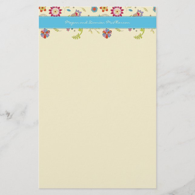 Papelaria Flores Retro Turquesa Stationery (Frente)