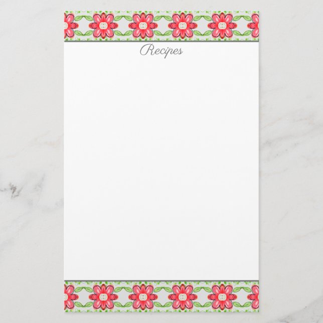 Papelaria Folhas de Receita Padrão Floral de Coral Vermelho (Frente)
