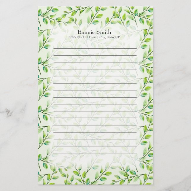 Papelaria Folhas e Ramos Verdes Personalizados (Frente)