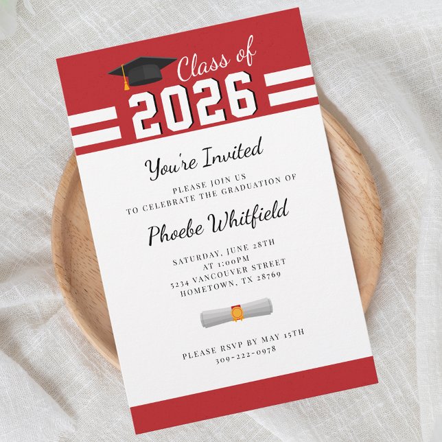 Papelaria Formando 2025 Festa de formatura branca vermelha (Graduation 2025 Red White Bold Grad Party Invitation)
