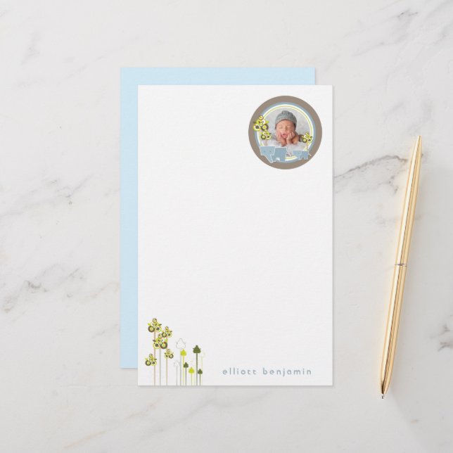 Papelaria Foto De Bebê Da Família Whimsical Blue Elephants (Frente/Verso In Situ)