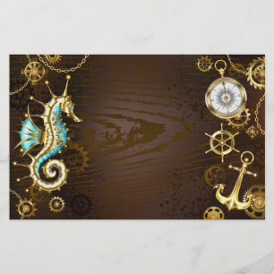 Papelaria Fundo de madeira com cavalo de mar mecânico