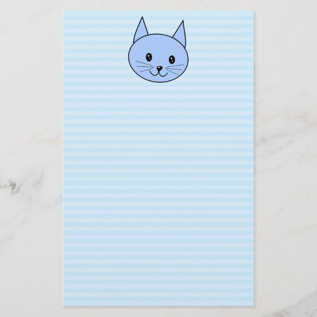 Papelaria Gato Azul Bonito. Fundo de faixa azul clara. (Frente)