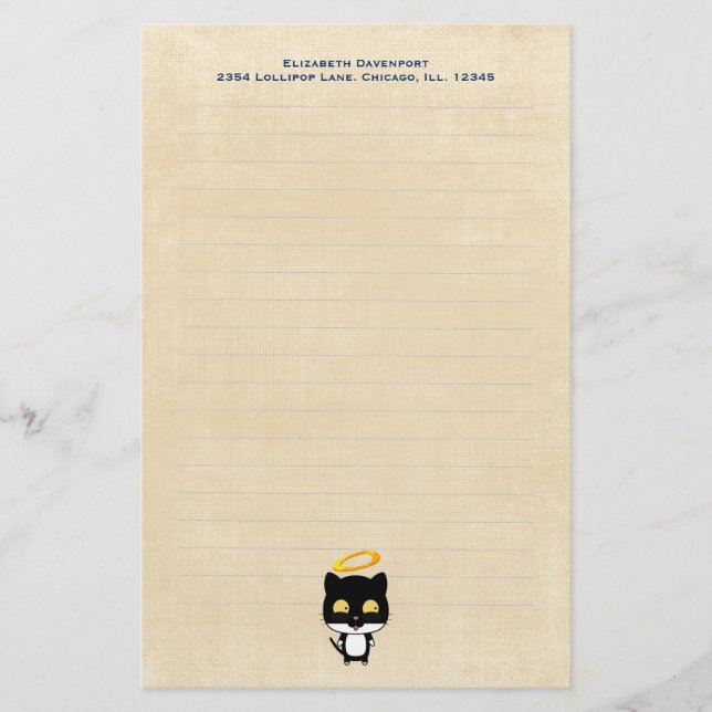Papelaria Gato Preto com Anjo Halo Bonito Ouro Personalizado (Frente)