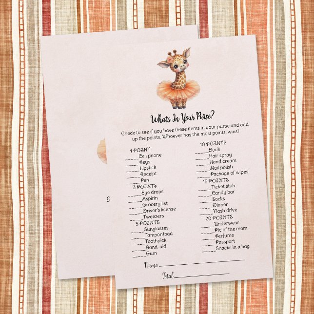 Papelaria Giraffe What's In Your Purse Baby Shower Game Card (Criador carregado)