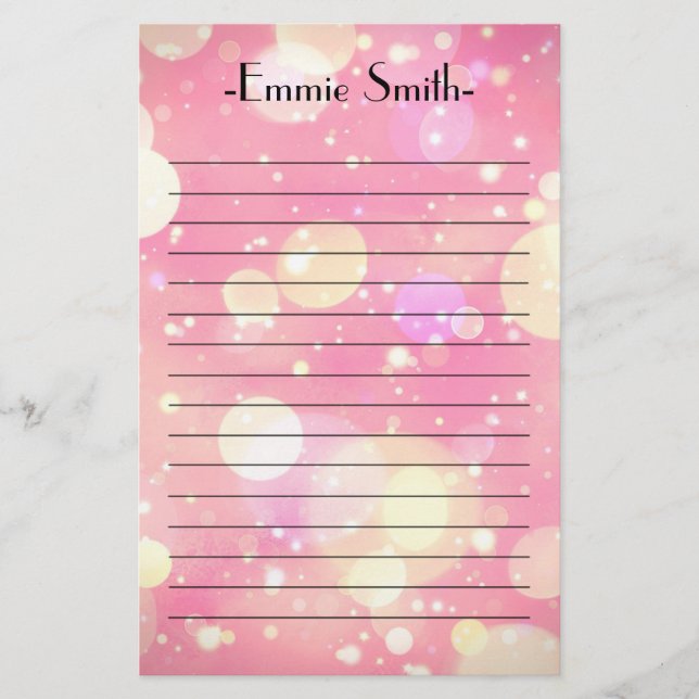 Papelaria Glitter de Bokeh Cor-de-Rosa Personalizada (Frente)