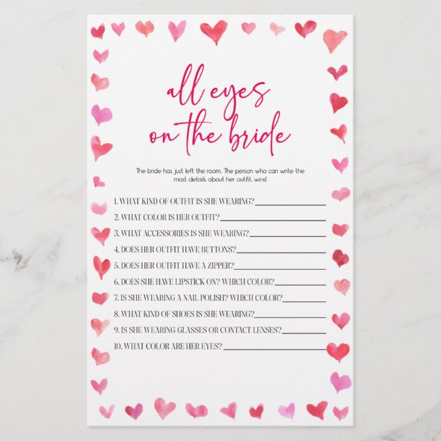 Papelaria Hearts All Eyes On The Bride Bridal Shower Game  (Frente)