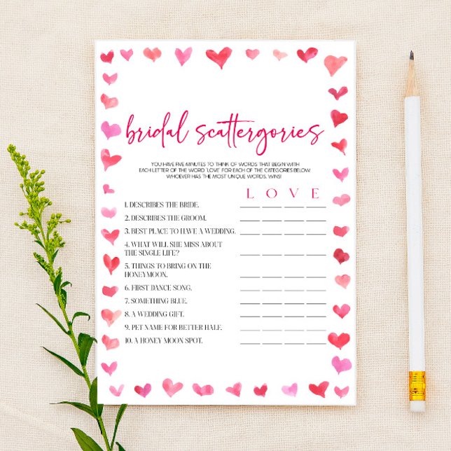 Papelaria Hearts Bridal Scattergories Bridal Shower Game  (Criador carregado)