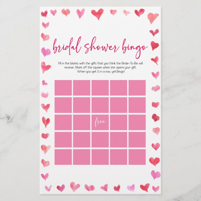 Papelaria Hearts Bridal Shower Bingo Bridal Shower Game  (Frente)
