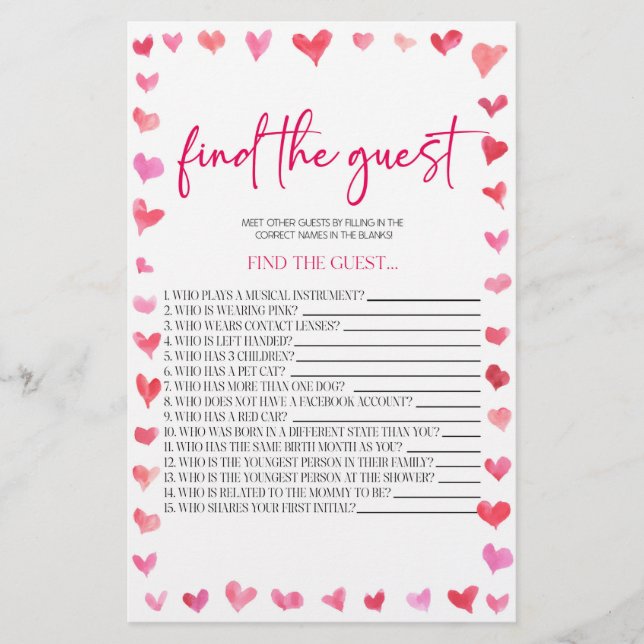 Papelaria Hearts Find The Guest Bridal Shower Game  (Frente)
