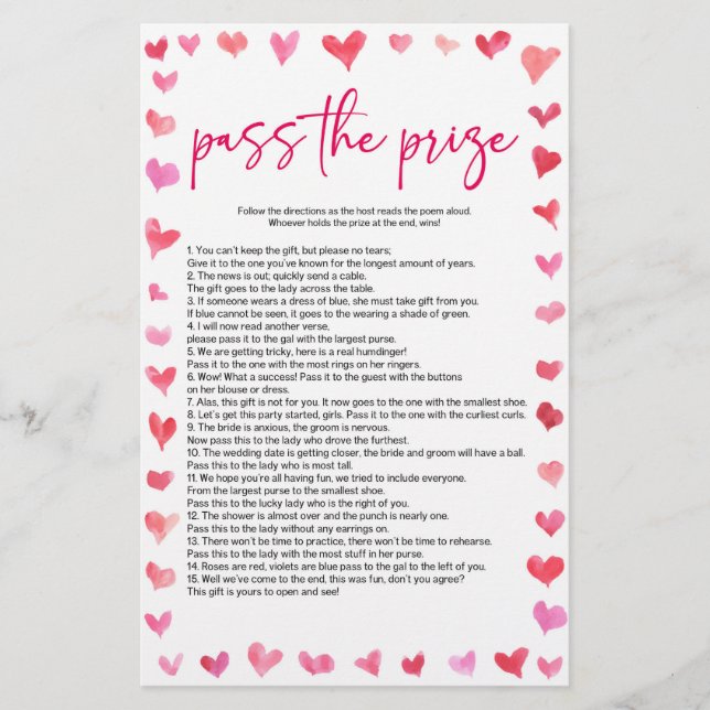 Papelaria Hearts Pass The Prize Bridal Shower Game  (Frente)