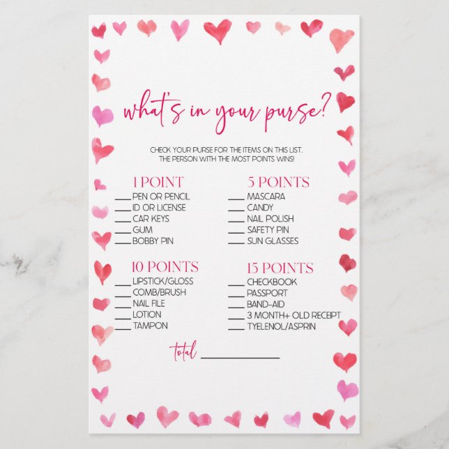 Papelaria Hearts What's In Your Purse? Bridal Shower Game  (Frente)