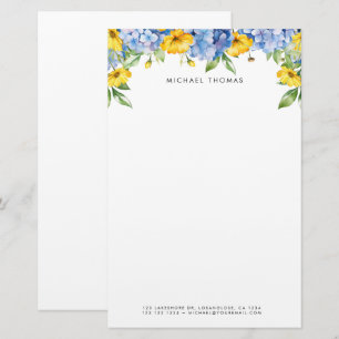 Papelaria Hydrangas Azuis de Aquarela e Floral Amarelo
