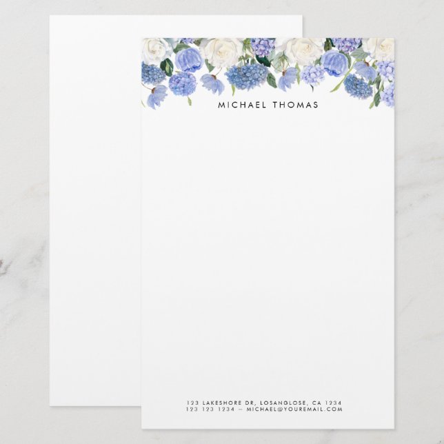 Papelaria Hydrangeas Azuis e Rosas Brancas Floral (Frente/Verso)