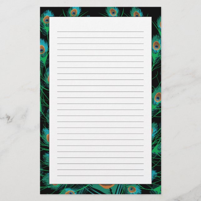 Papelaria Ilustração com as penas do pavão no preto (Frente)