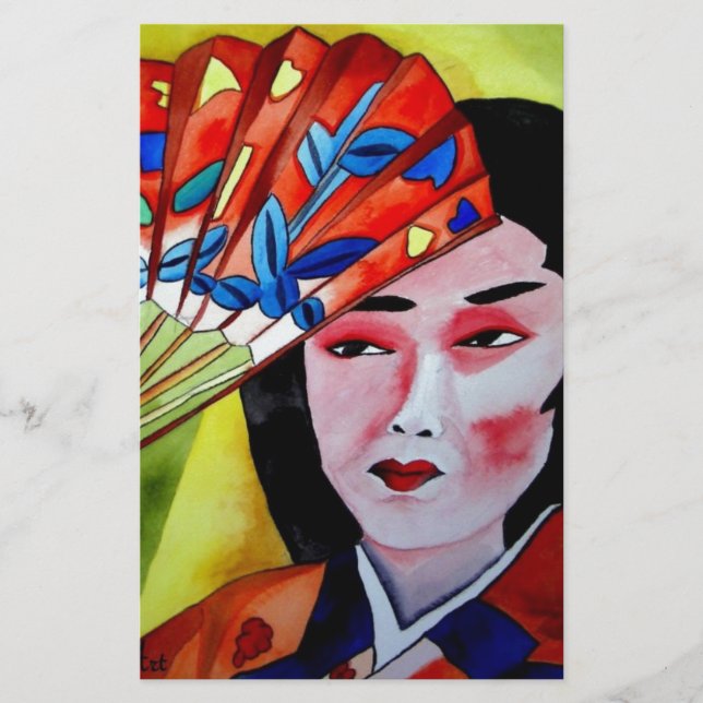 Papelaria japonês Geisha com fã de pintura de arte original (Frente)