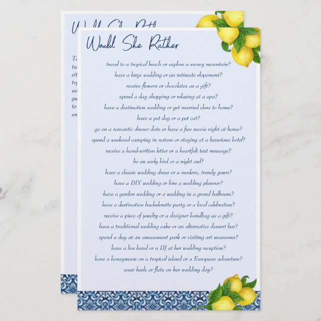 Papelaria Jogos de chá de panela Ela iria jogar preferencial (Frente/Verso)