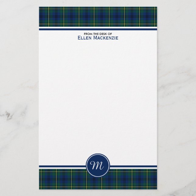 Papelaria Johnston Clan Tartan Blue e Green Xadrez Monograma (Frente)
