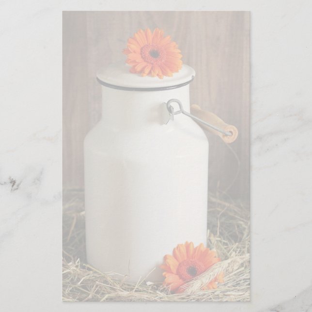 Papelaria Jug de Leite Branco Russo com Flores Laranja Foto (Frente)